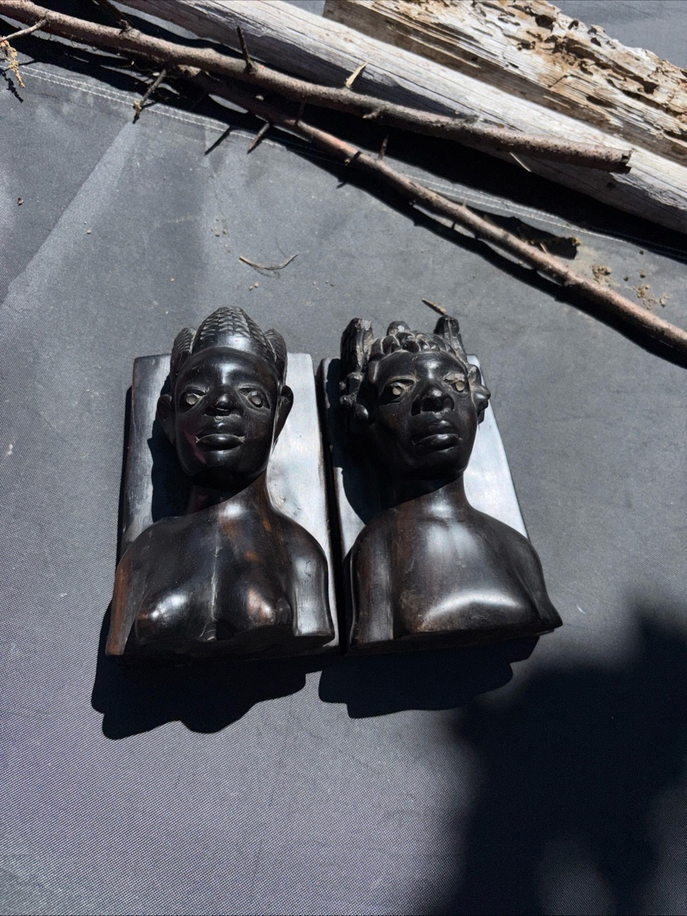 Hand-Carved Ebony African Bust Bookends - Pair